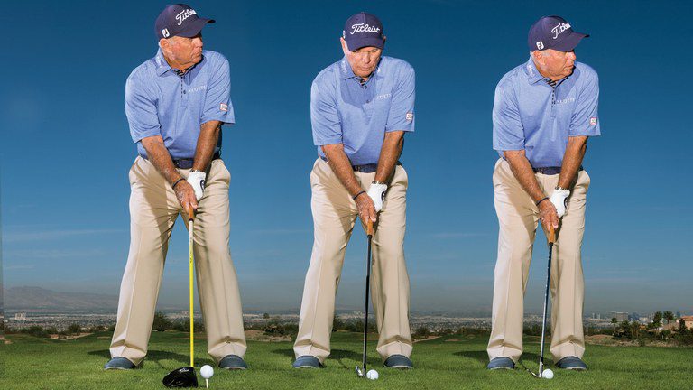 Photo of the 3 widths of a golf stance: Wide, Standard, & Narrow
