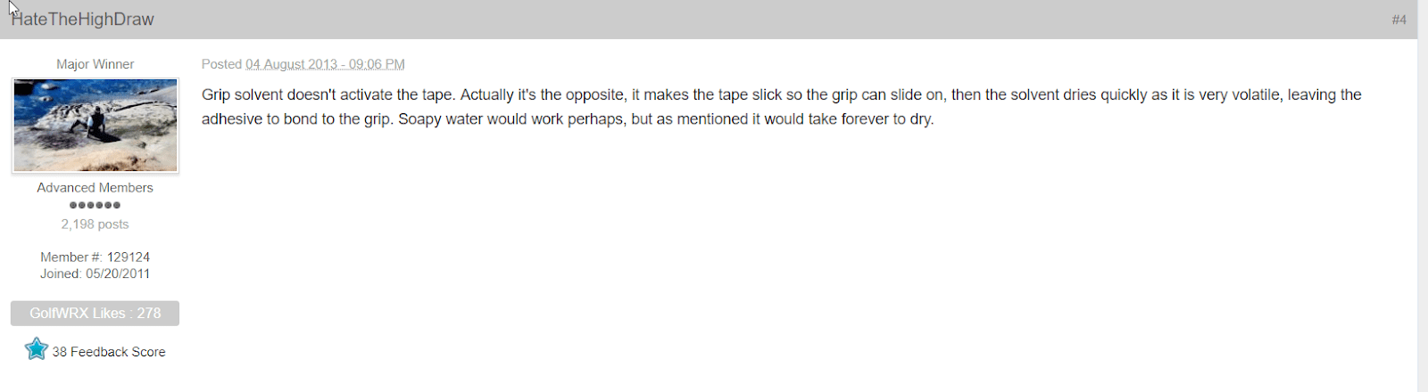 ScreenShot of Forum pointing out what golf grip tape solvent does to grips and tape