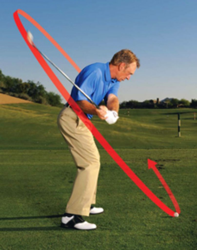 Golf Digest Image of a golfers swing plane with an arrow simulating the path of the golf club.
