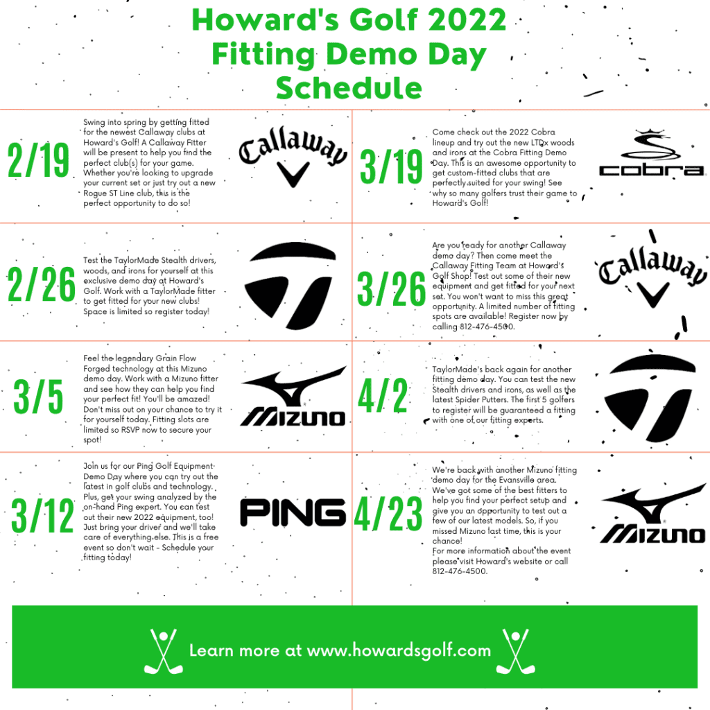 Howard's Golf Demo Days 2022 Schedule image showing dates of demo days.