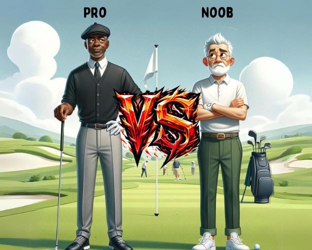 2 golfers, a professional vs a noob with a Mortal Kombat 'VS' style text
